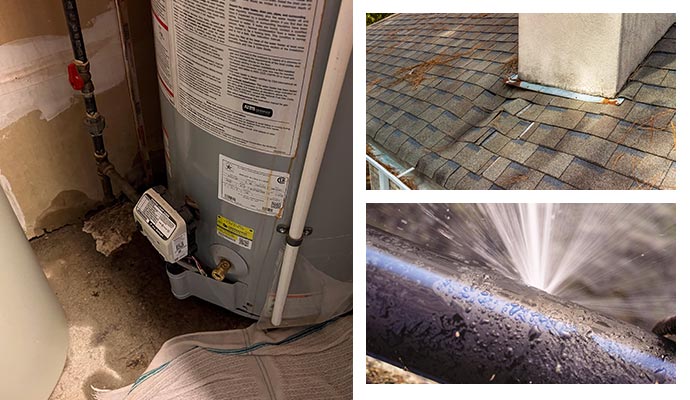 Collage image of appliance leaks, roof leaks, and burst pipes causing water damage.
