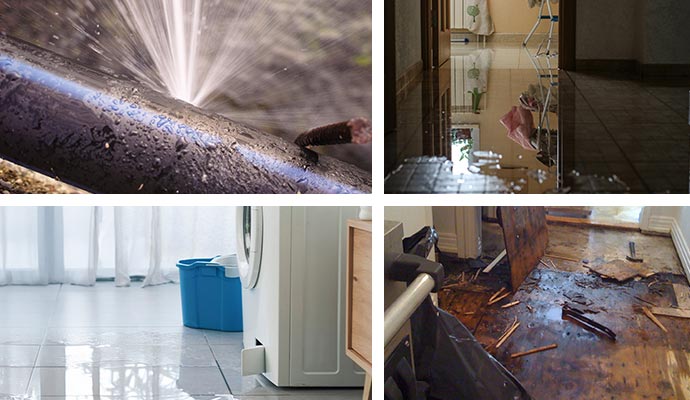 Collage of burst pipe, plumbing leak, appliance leak, and flood damage