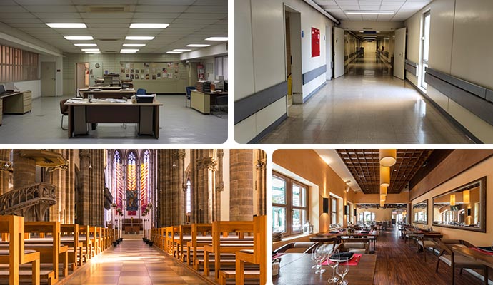 Collage of clean office hospital restaurants and church Collage of clean office hospital restaurants and church