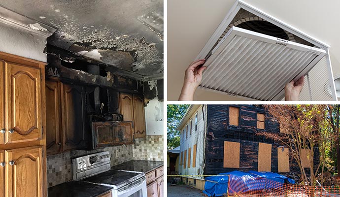 Collage of fire damaged property duct cleaning and board up services Collage of fire damaged property duct cleaning and board up services
