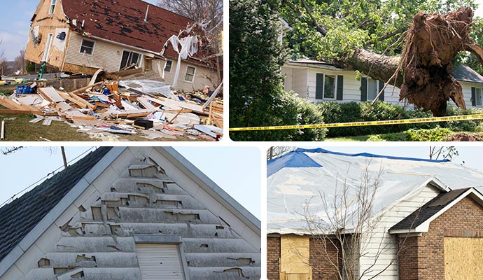 Collage of hurricane damaged property tree damaged roof hail damaged house wall and roof tarping Collage of hurricane damaged property tree damaged roof hail damaged house wall and roof tarping