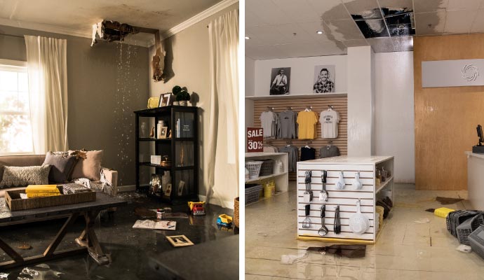 Collage of water damage in residential area and commercial area