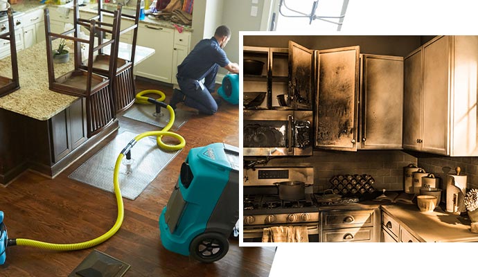 Collage of water damage restoration and fire damaged property Collage of water damage restoration and fire damaged property