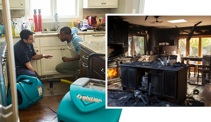 Collage of water damage restoration service and fire damaged property Collage of water damage restoration service and fire damaged property
