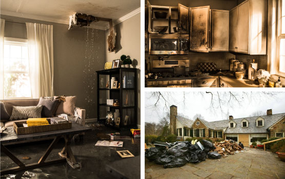 collage of water, fire,storm damage house