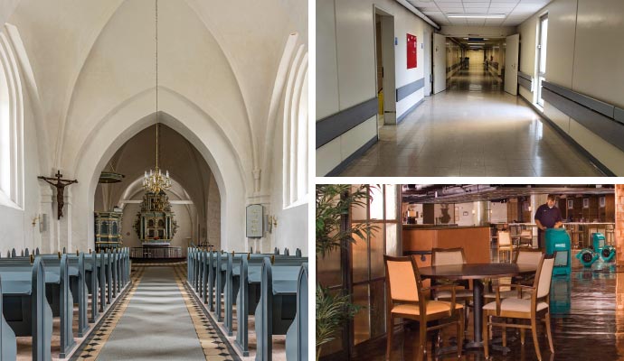 Collage of church, hospital and hotel disaster restoration service