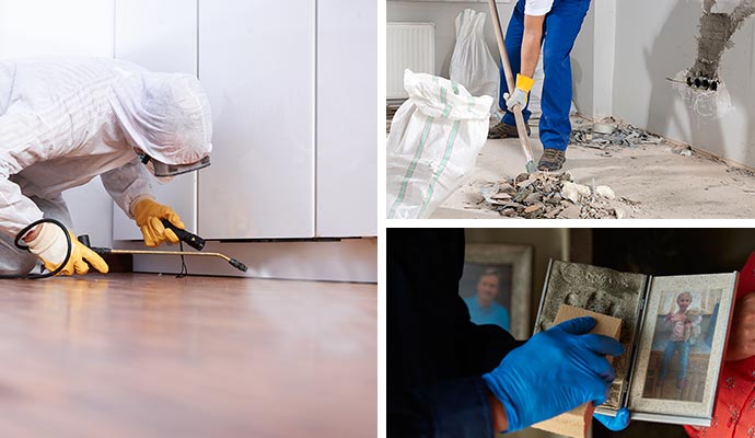 Collage of disinfection, post-construction cleaning, and content cleaning services