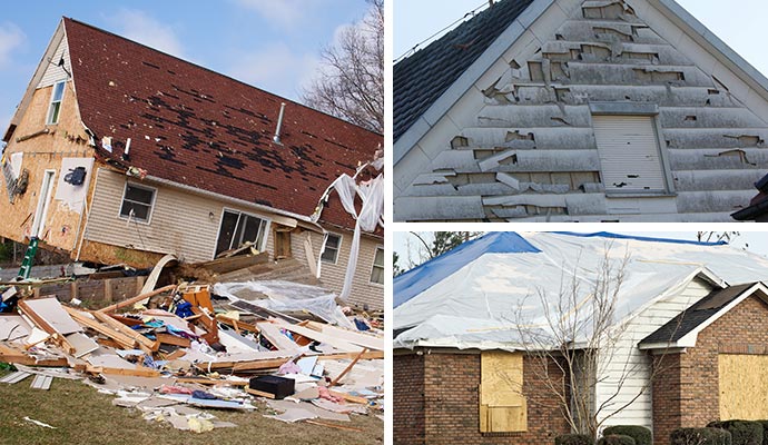 Collage of storm and hail damaged house, and board-up house