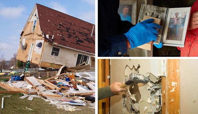 Collage of disaster damaged house, content cleaning and reconstruction service