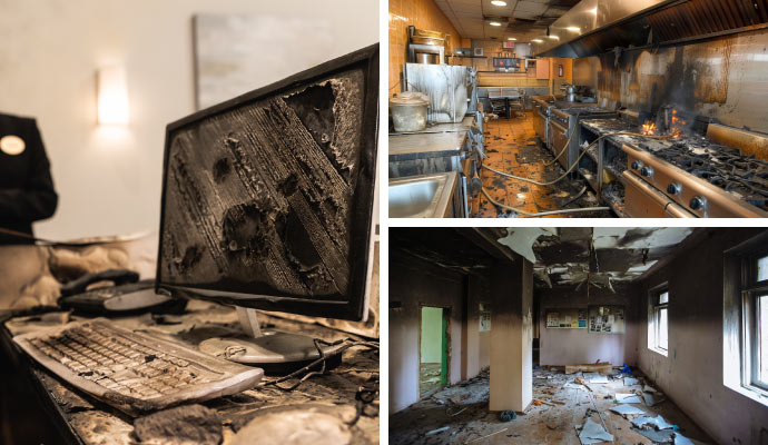 Fire damaged office, restaurant and school area