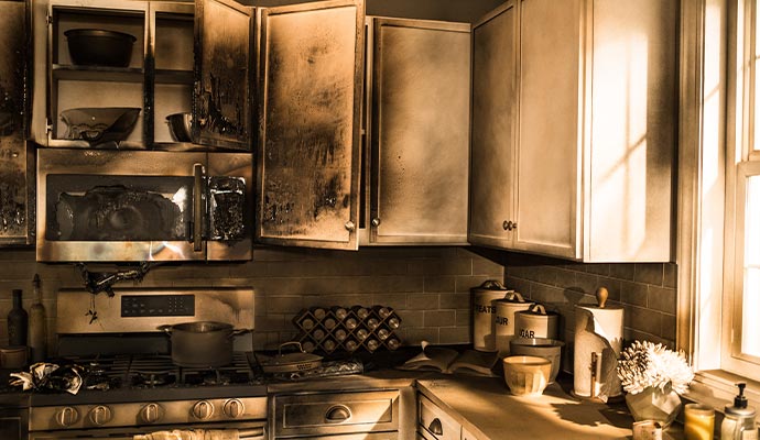A kitchen damaged by fire