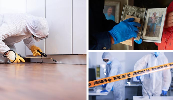 Collage of disinfection service, content cleaning, and biohazard cleanup