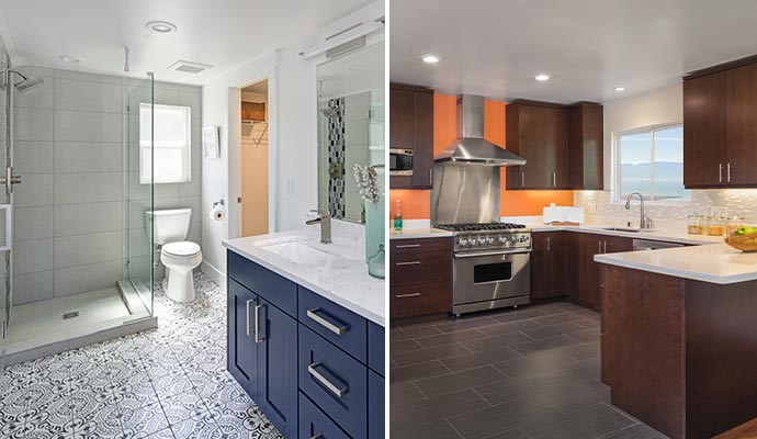 Collage of newly remodeled bathroom and kitchen