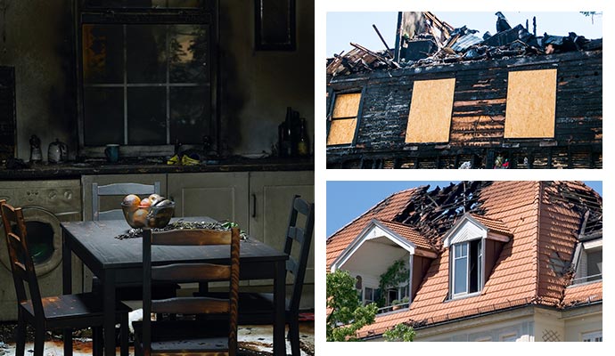 Smoke damage, fire board-up services, and residential fire damage restoration.