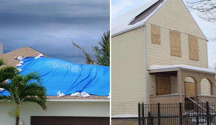 Collage of roof tarping and board-up service