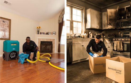collage of water and fire damaged restoration by expert