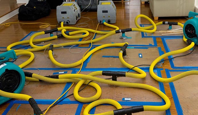 Water damage restoration process with specialized equipment.
