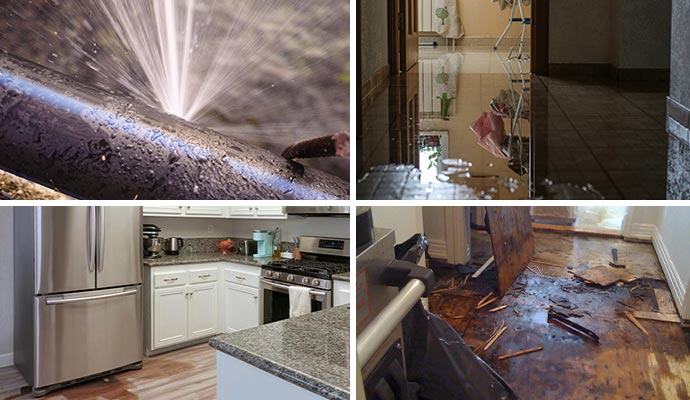 Collage of broken water pipe, water damaged floor, appliance leak and flood damaged property Collage of broken water pipe, water damaged floor, appliance leak and flood damaged property