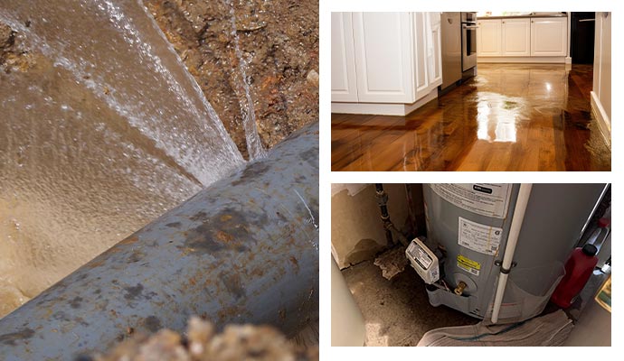 Water pipe break causing plumbing leak, resulting in damage and appliance leak.