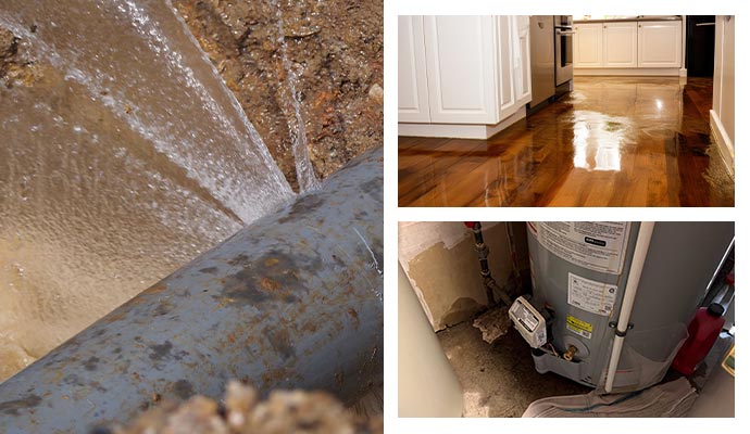 Water pipe break, appliance leak and water damaged floor