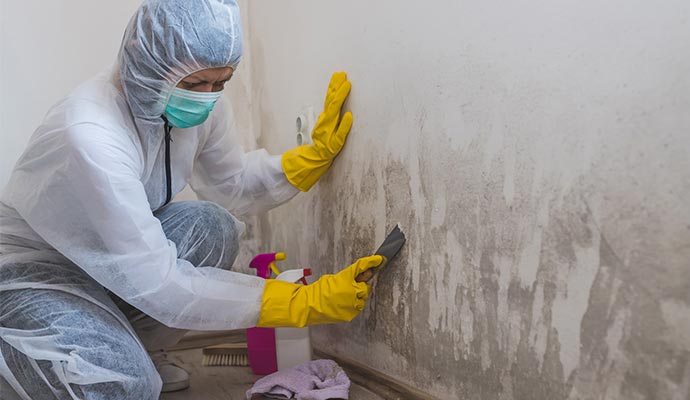 Professional worker remediating mold from wall